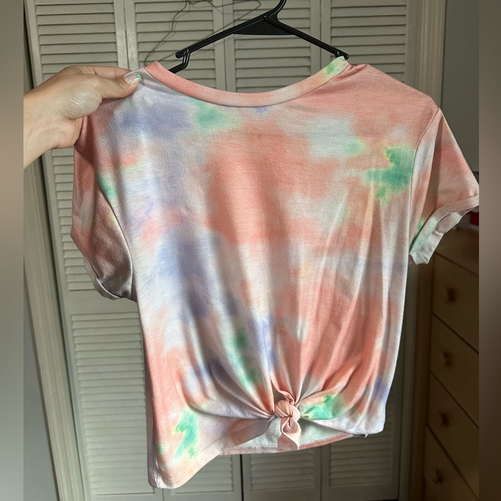 SHEIN cropped Pink and Blue Tie Front Short Sleeve T-Shirt